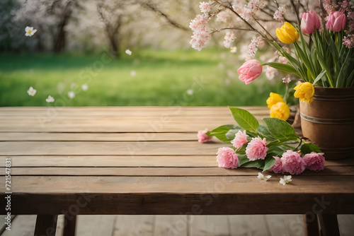 flowers in a vase on a wooden table, garden background