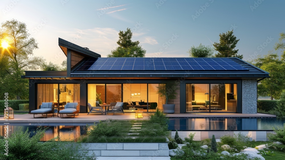 Modern English style house with solar panels on the roof - obrazy, fototapety, plakaty 