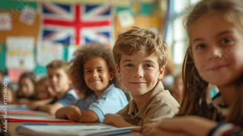 Children are sitting in a school classroom