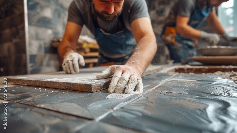 Male builders laying ceramic tiles in the bathroom