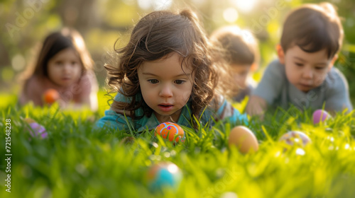 Cheerful children are looking for colorful Easter eggs in the bright green gr...