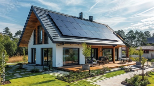 Modern English style house with solar panels on the roof
