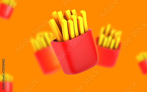 3D Rendering of French Fries in Red Packaging 
