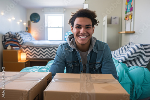 A young man with moving boxes in his new apartment