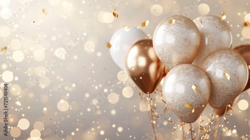 Festive background with glitter balloons, gold glitter confetti and plenty of...