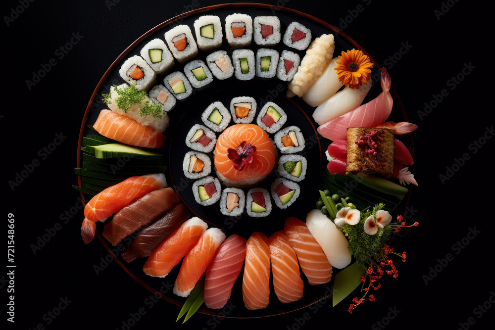 Traditional Japanese dish on a black background. Delicious fresh rolls, sushi, sashimi