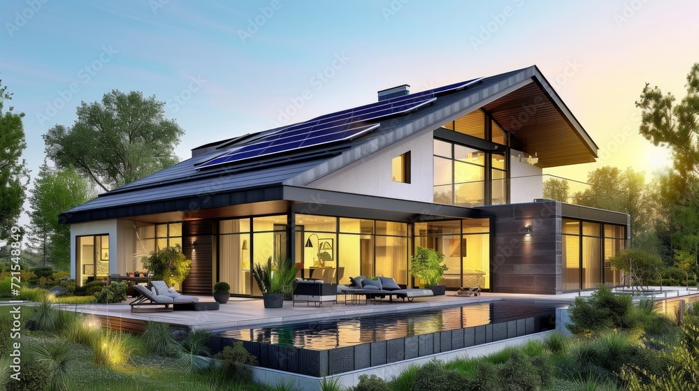 Modern English style house with solar panels on the roof Modern English style house with solar panels on the roof
