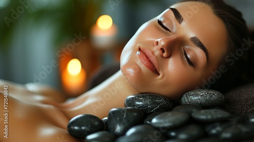 Young woman lying on spa treatment with black stones