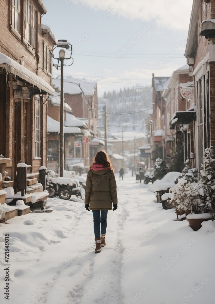 Girl Walking Snow Winter Town Village White Cold Jacket Calm Christmas Holiday December
