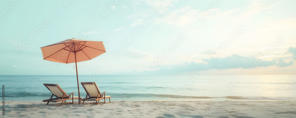 Two wooden deck chairs and one parasol on sandy empty beach on seashore at calm sunny day. Holiday panoramic background with beautiful seascape, banner view