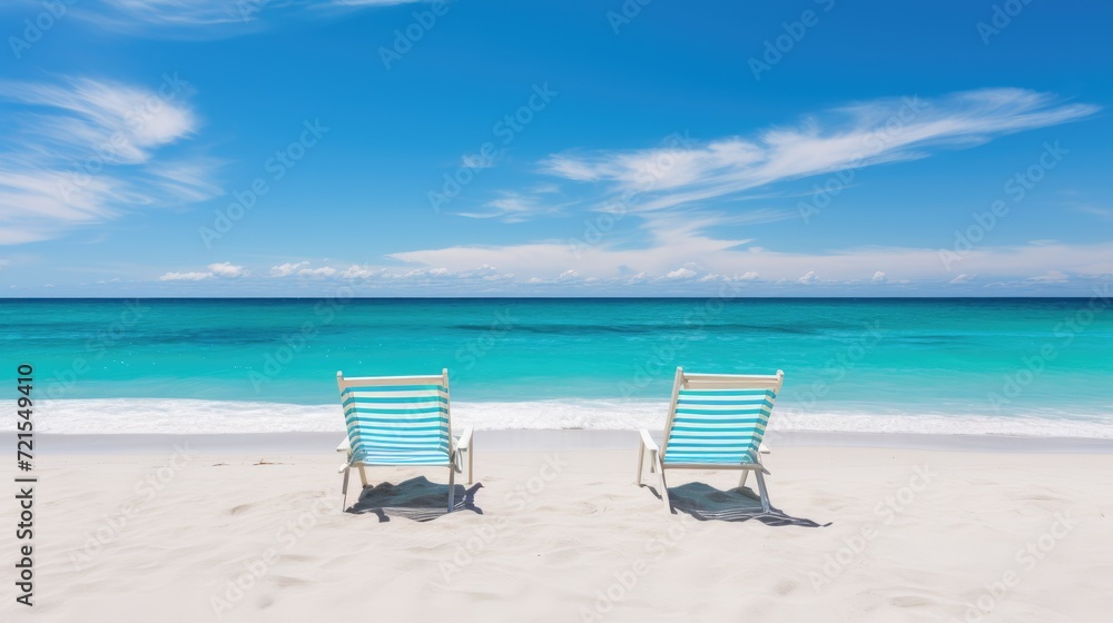 Two deck chairs on tropical beach with turquoise water and blue sky. Generative AI