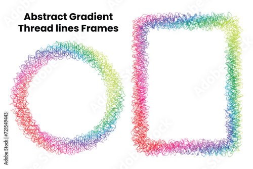 Abstract Gradient Rainbow Thread lines, circular and rectangle empty Frame isolated on White Background tangled colorful .