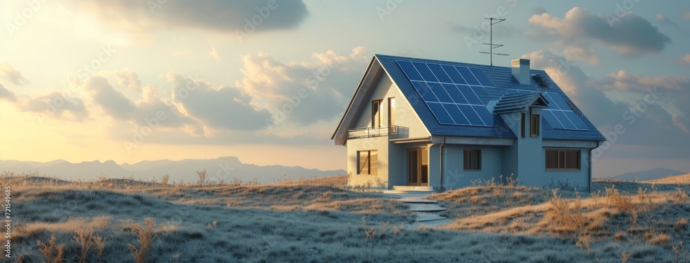 3D model miniature smart home with solar panels rooftop system for renewable energy. AI generated - obrazy, fototapety, plakaty 