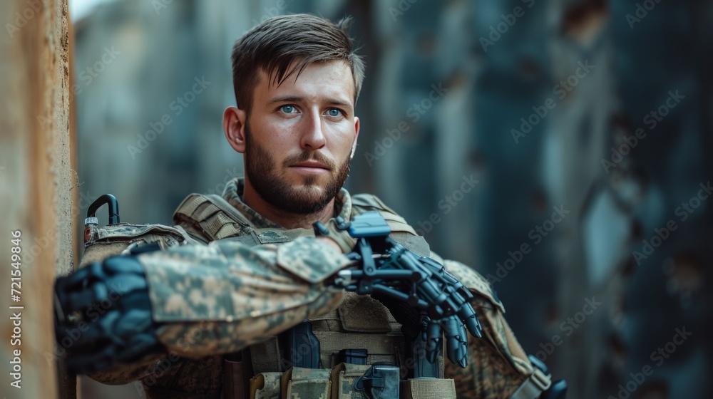 Fototapeta premium Young handsome military man with bionic prosthetic arm