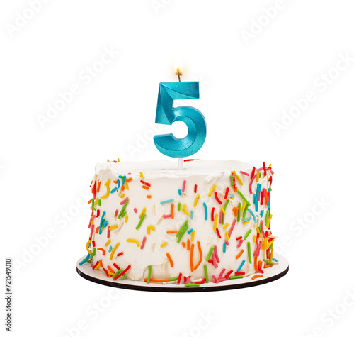 5 shaped candle light on happy birthday cake isolated on white background, transparent png