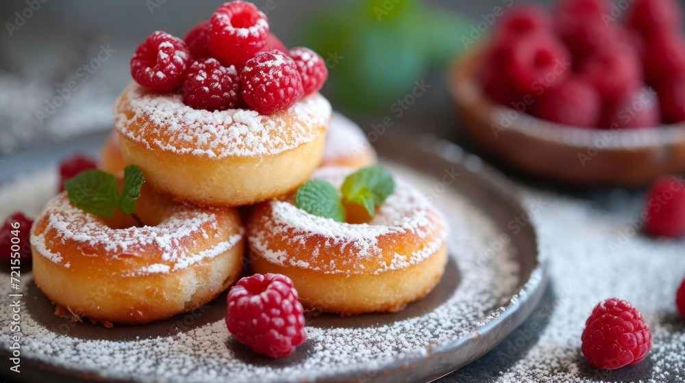 Fresh fried cheesecakes sprinkled with powdered sugar and raspberries Fresh fried cheesecakes sprinkled with powdered sugar and raspberries