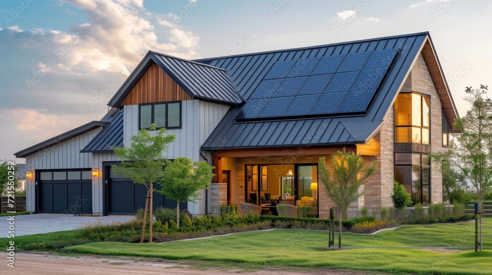 Modern English style house with solar panels on the roof Modern English style house with solar panels on the roof