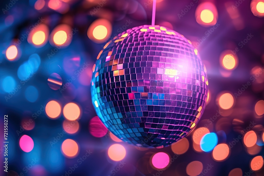 Colorful disco ball party on blurred lights background Colorful disco ball party on blurred lights background