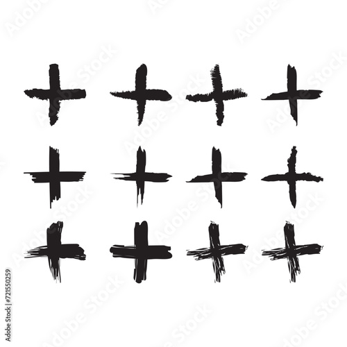 hand painted plus symbols, Plus sign collection, black isolated on white background, vector illustration.