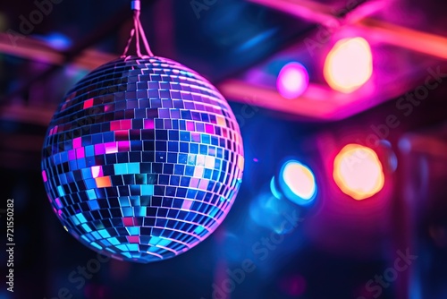 Colorful disco ball party on blurred lights background