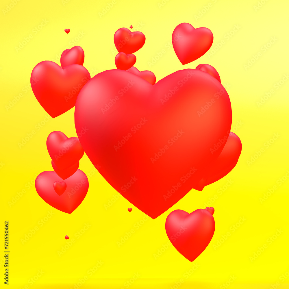 3D Rendering of Floating Hearts on Yellow background