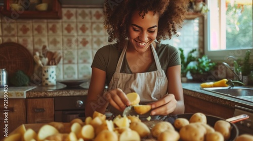 Young woman peeling potatoes in the kitchen while sitting on a stool and smiling