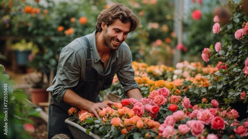 Young handsome man Gardener rolls roses in pots in a wheelbarrow © olegganko