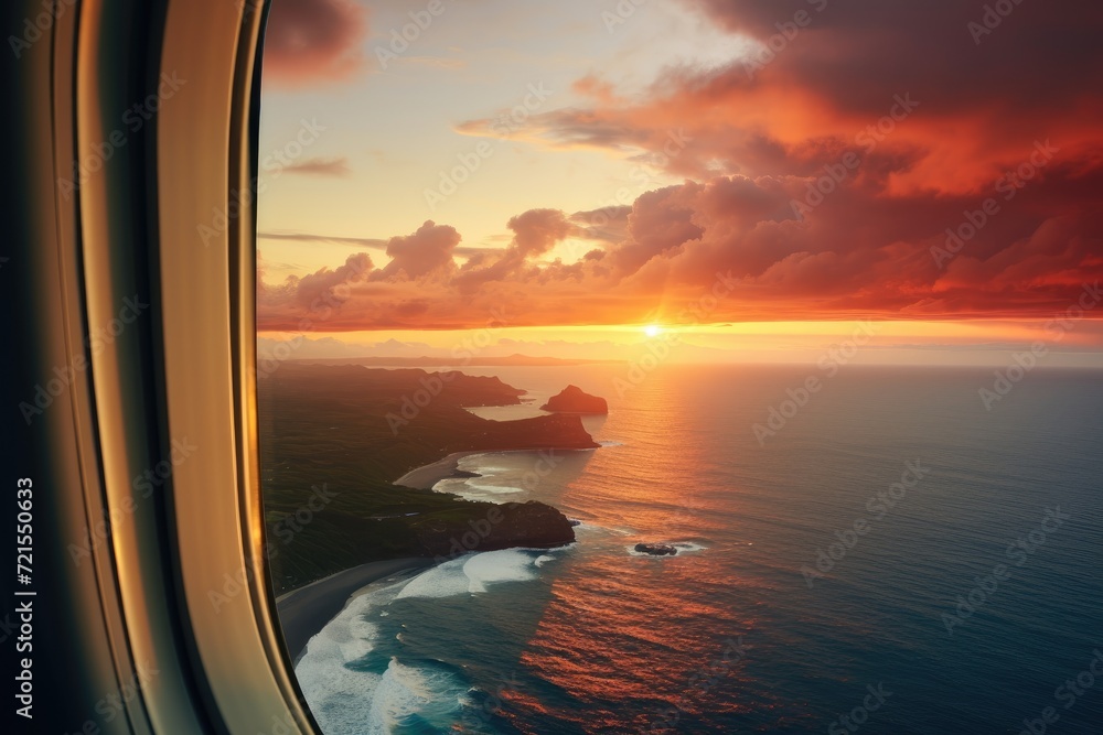 Airplane window view of the ocean and sky at sunset Airplane window view of the ocean and sky at sunset