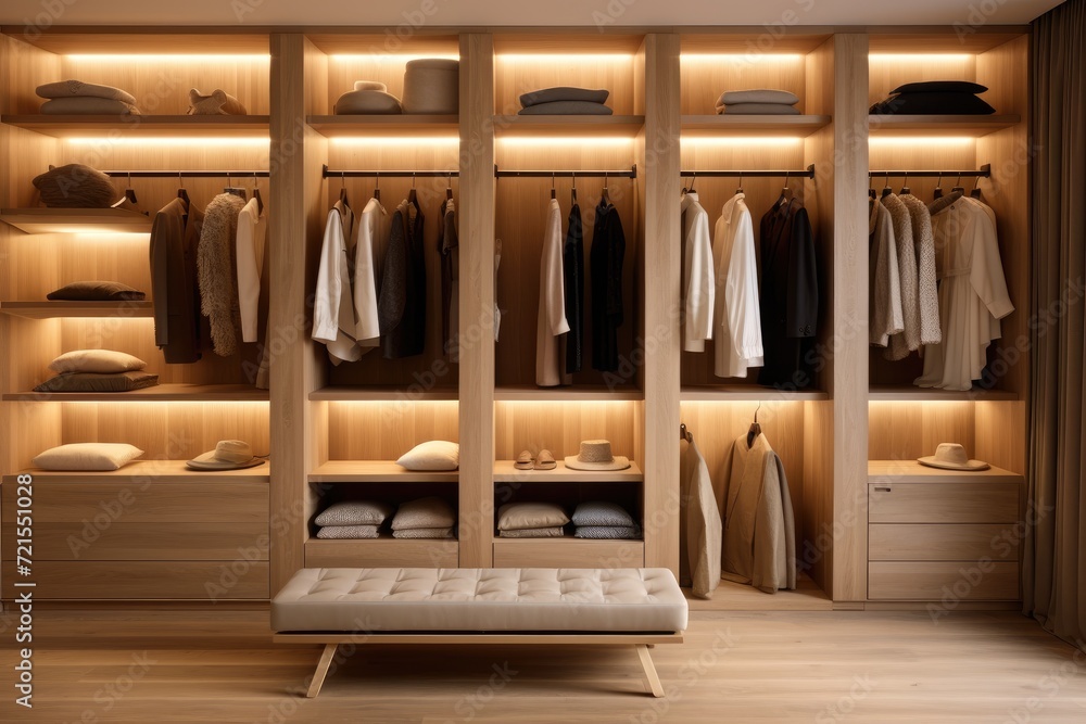 A modern minimalist wardrobe interior with light natural wood shelving and led lights. Closet room