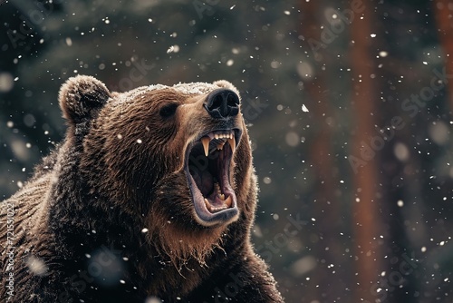 Closeup of roaring brown bear in winter forest