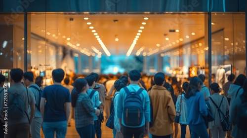 Blurred background of a crowd of people standing in line at a store
