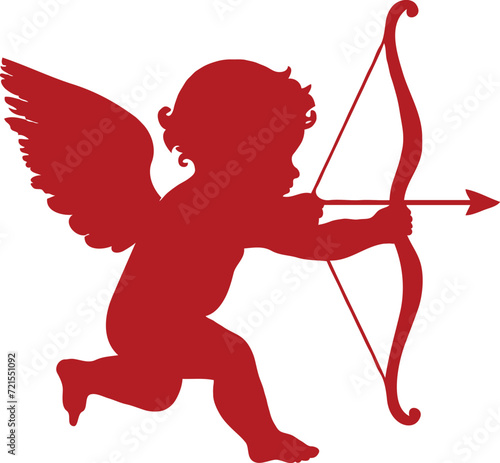 Cupid Ready to Shoot: Red Silhouette Illustration with Bow and Arrow