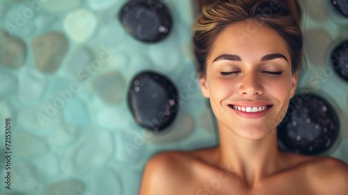Young woman lying on spa treatment with black stones