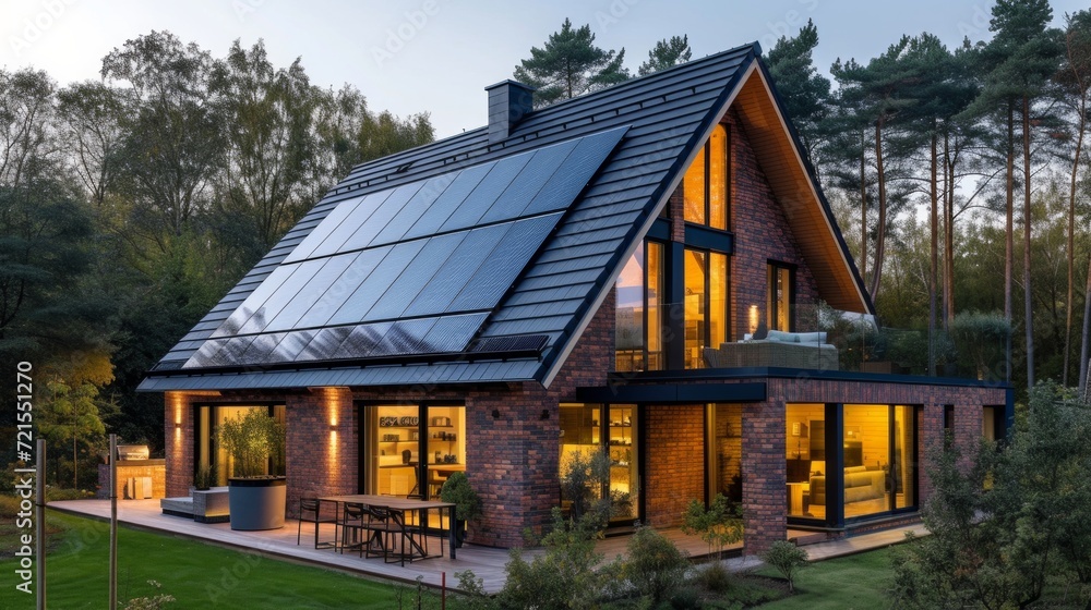 Modern English style house with solar panels on the roof Modern English style house with solar panels on the roof