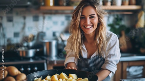 Young woman peeling potatoes in the kitchen while sitting on a stool and smiling