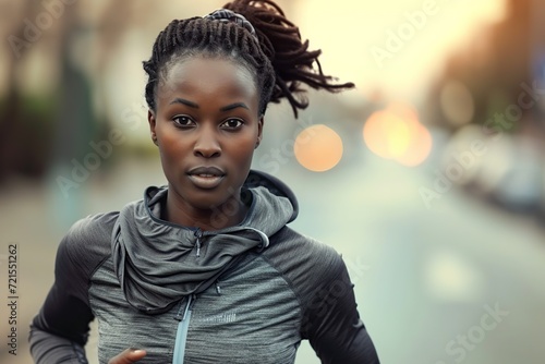 Handsome african american sportswoman running at the street photo