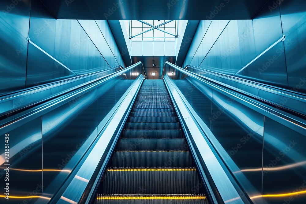 Bottom up view of modern escalators in metro Bottom up view of modern escalators in metro