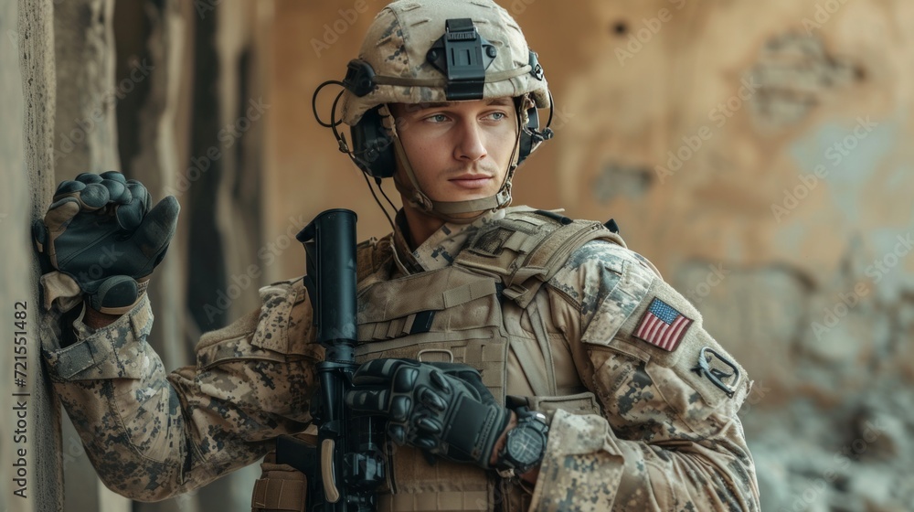 Fototapeta premium Young handsome military man with bionic prosthetic arm