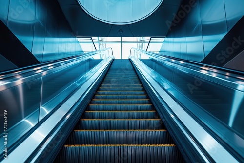 Bottom up view of modern escalators in metro photo