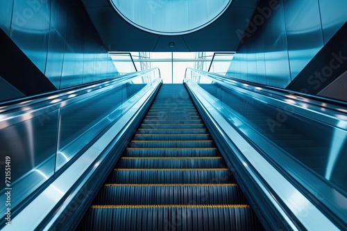 Bottom up view of modern escalators in metro