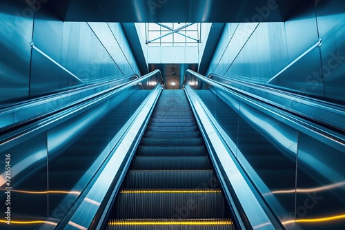 Bottom up view of modern escalators in metro