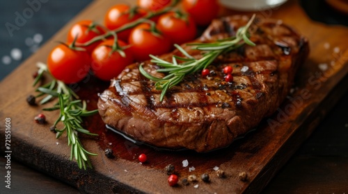 Delicious grilled beef steak with cherry tomatoes and a sprig of rosemary