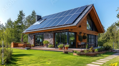 Modern English style house with solar panels on the roof