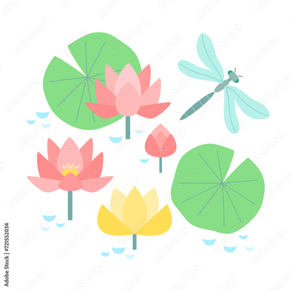 Cute vector composition of water pink and yellow lilies on pond with dragonfly. Children's simple illustration in pastel colors on white isolated background.