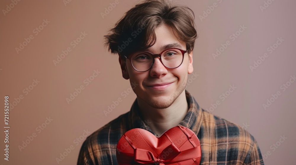 Young handsome guy holding a red heart-shaped box with a bow in his hand Young handsome guy holding a red heart-shaped box with a bow in his hand