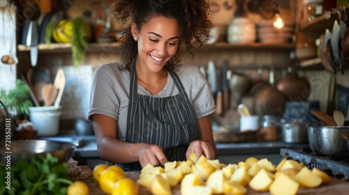 Young woman peeling potatoes in the kitchen while sitting on a stool and smiling