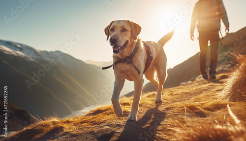 Beautifull sunset golden hour light photo of labrador cute dog during evening walk on the green mountains hills with owner on background. Lovely pets, animals and active life concept photo. photo