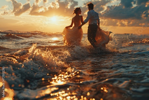 The carefree spirit of a young dancing couple, spinning and twirling on a sandy beach as waves gently kiss the shore. photo