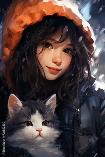 cute girl and cute cat in drawing illustration