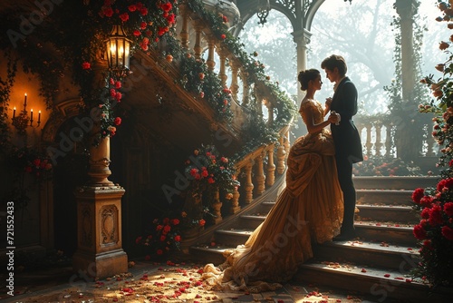 The elegance of a young dancing couple, waltzing on a grand staircase adorned with cascading flowers and soft candlelight.